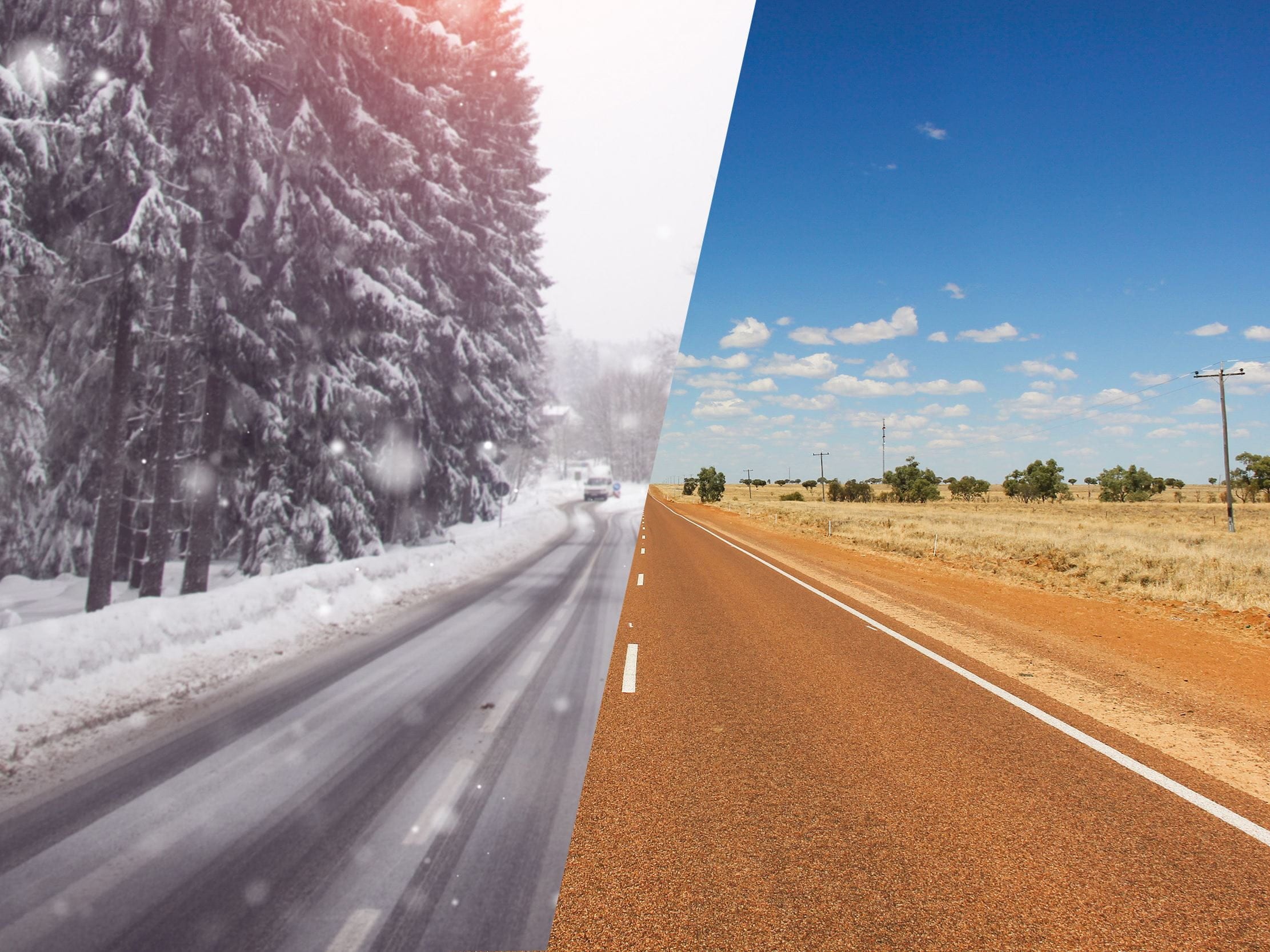 Comparison image of a highway in winter and summer time